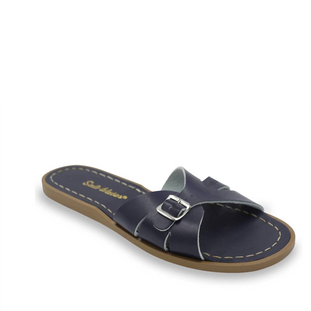 Salt Water Sandals by Hoy Navy Slide with Silver Buckle Accent